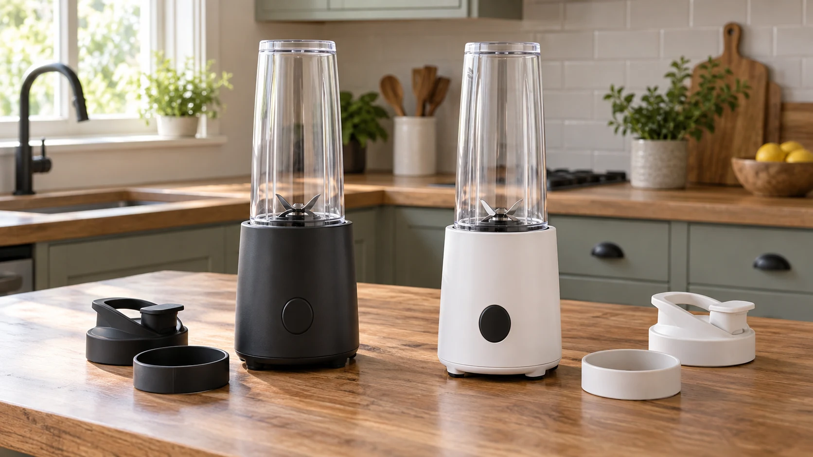 Personal blender cups, lids and control labels illustrated by two whole generic personal blenders at rest with separate closures and rings; no exact retail kit or care demonstration.