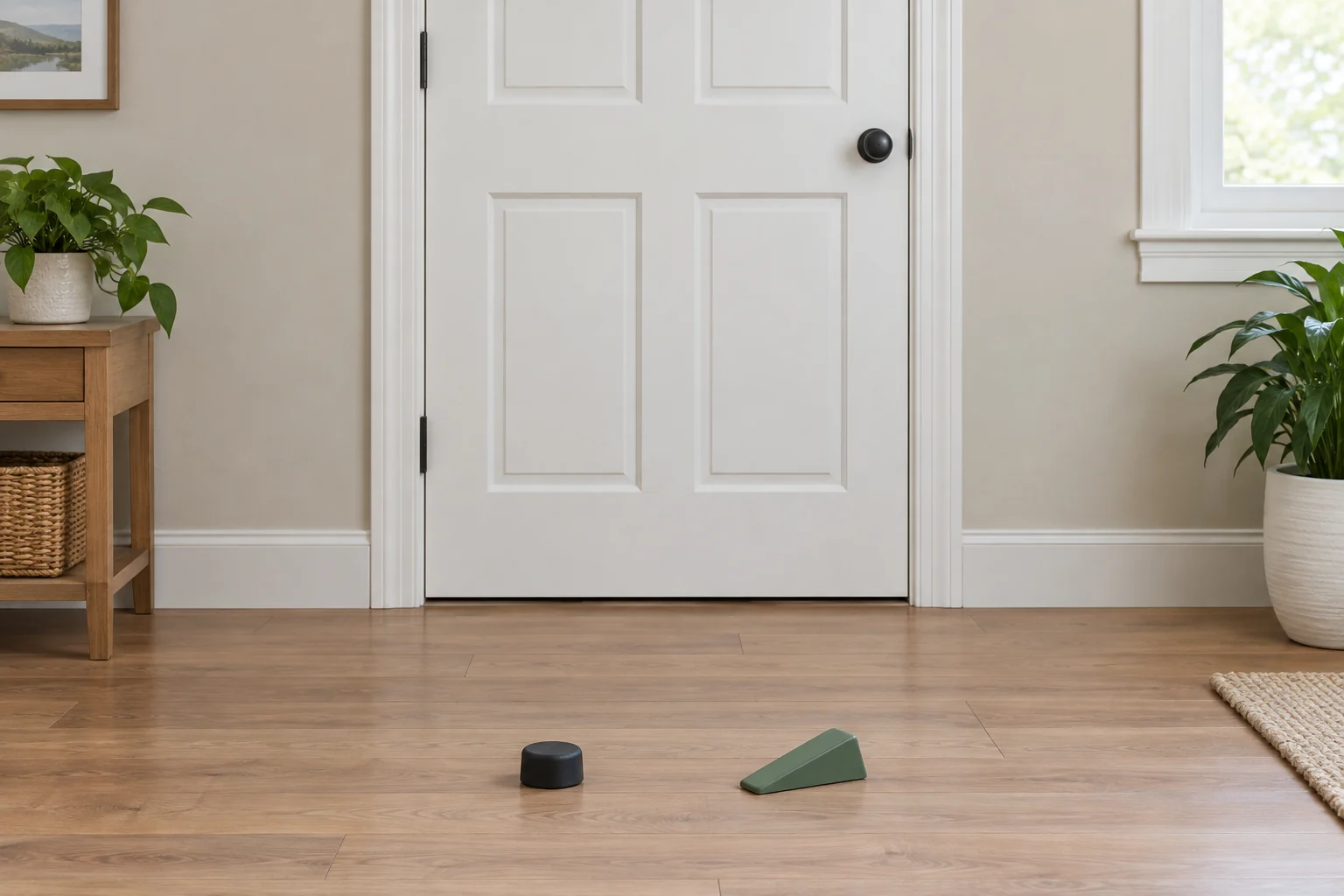 Closed plain household door with separate generic inactive black bumper and green wedge on an unobstructed floor; no installed placement or tested holding result.