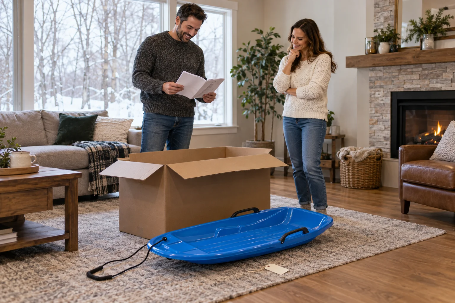 Snow sled holiday gift planning considers the receiving household and adult preparations for a later winter outing before promising an immediate ride.