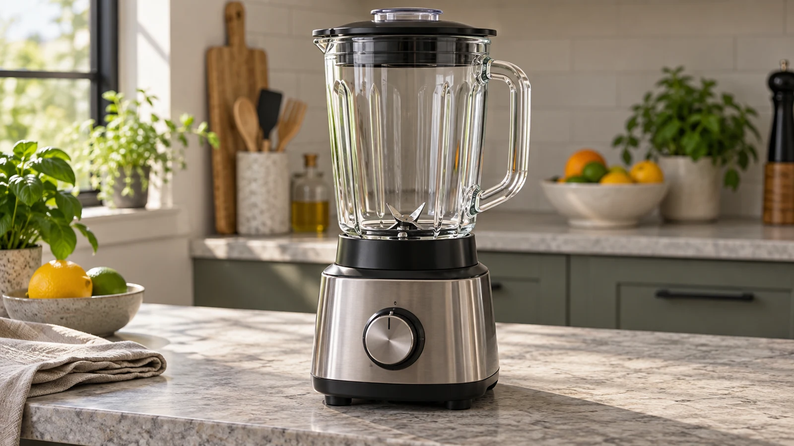 Zwilling blender 53100-000: An unbranded blender with a clear jar stands on a sunlit kitchen countertop.
