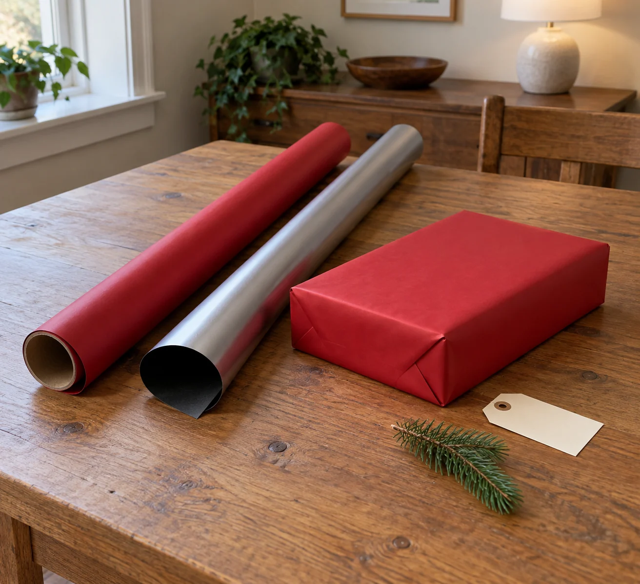 Wrapping a holiday gift box concept with two whole generic red and silver-black paper rolls, a complete red parcel, a blank gift tag and a fir sprig.