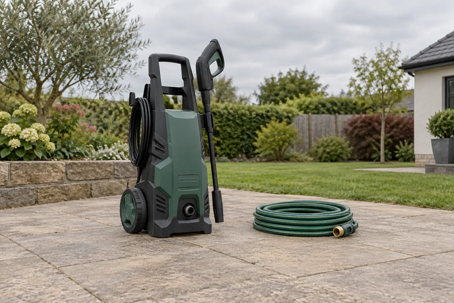 Pressure washer PSI and GPM concept with a complete generic inactive electric washer and coiled garden hose on a patio