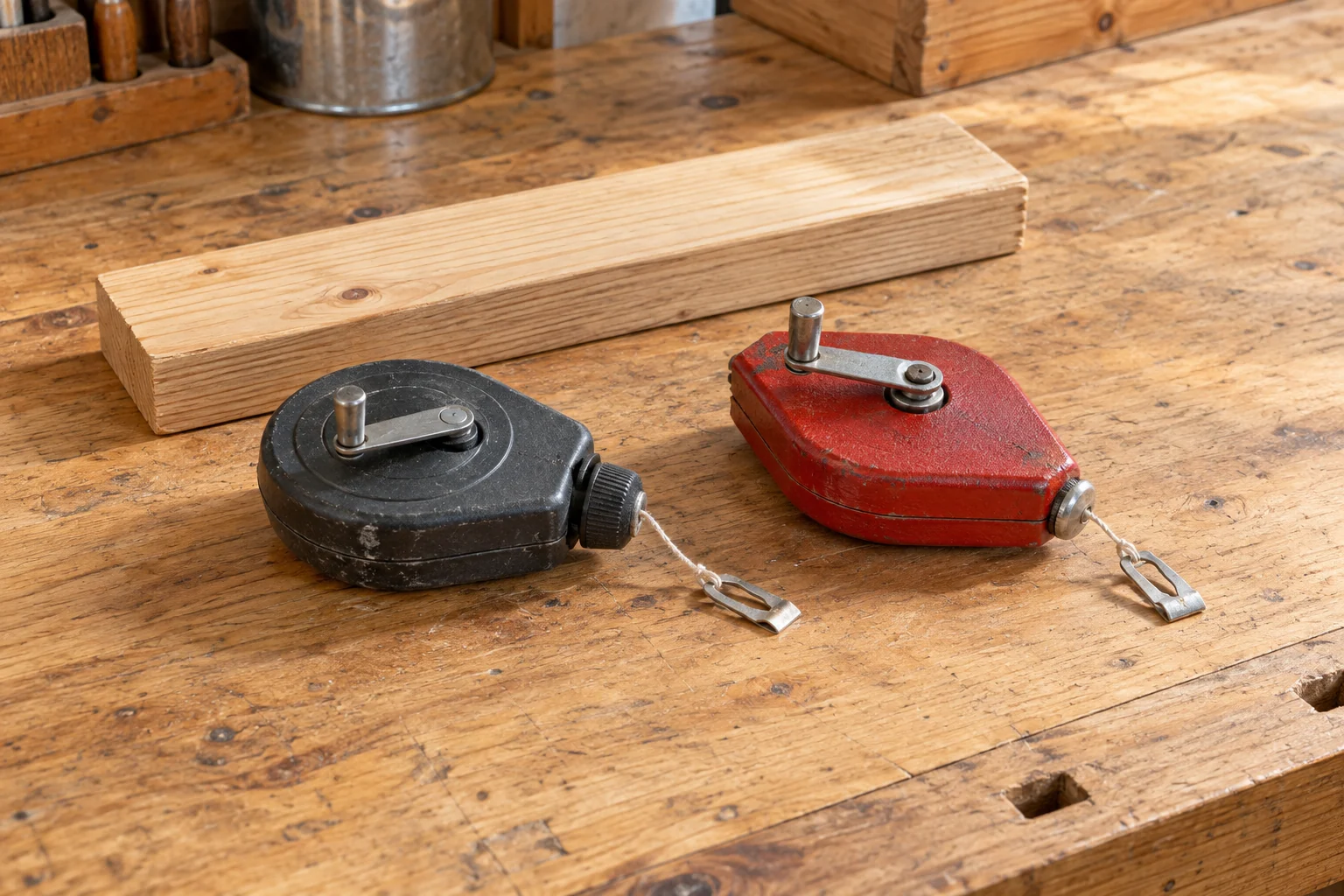 How to use a chalk line concept with two whole generic reels beside a wooden board on a clean workbench.