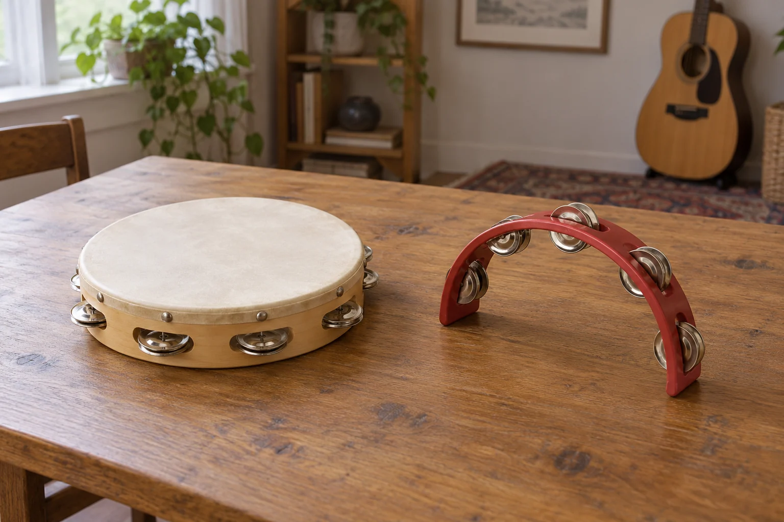 Tambourine cost comparison concept with one complete generic headed wooden tambourine and one whole red headless jingle frame resting separately on a table.