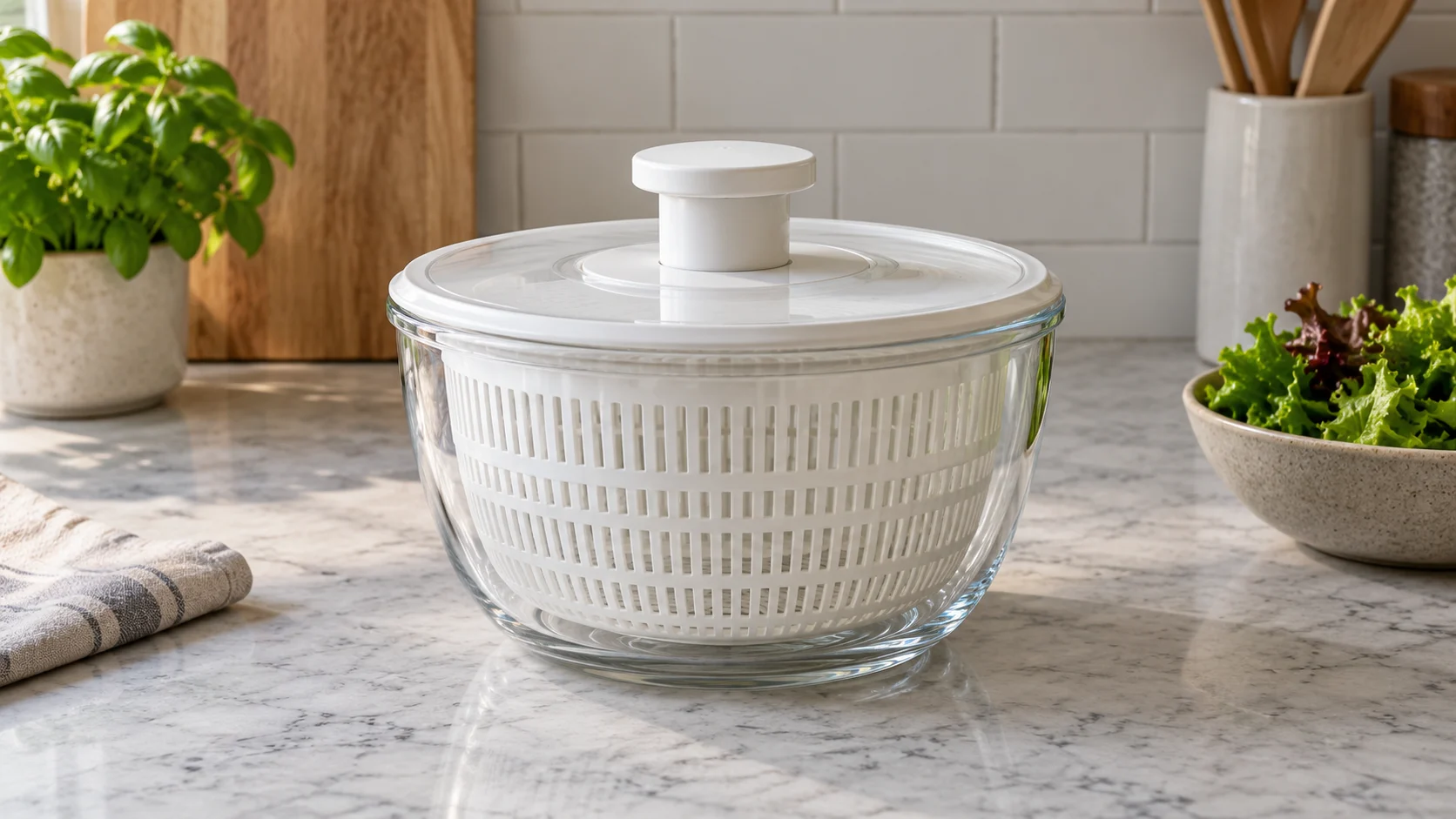 Using a glass salad spinner shown conceptually with a whole generic inactive glass bowl, white basket and pump lid on a kitchen counter.