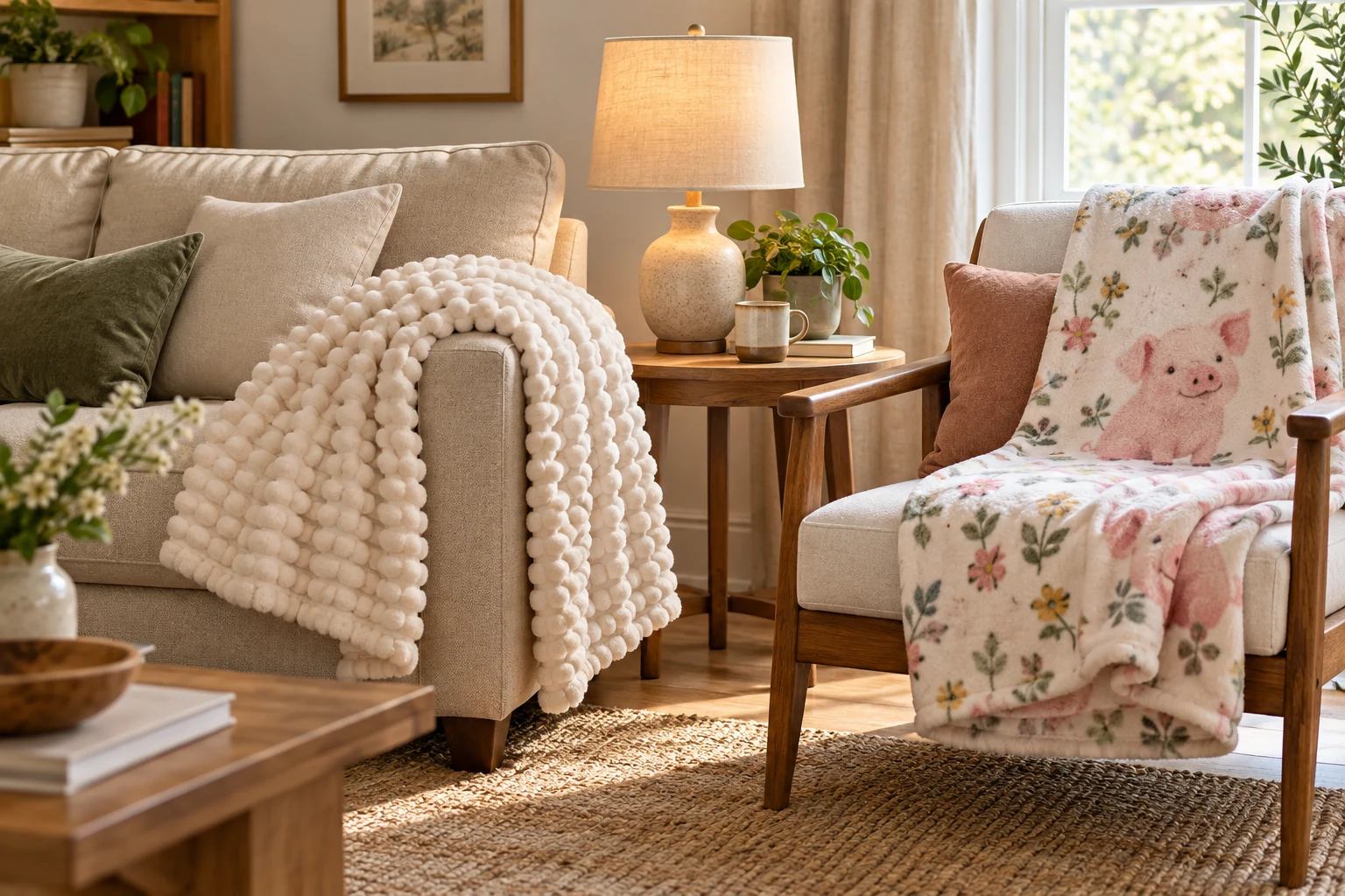 Sofa corner throw blanket styling with a cream raised-texture throw and a pig-print flannel throw on two usable seats.