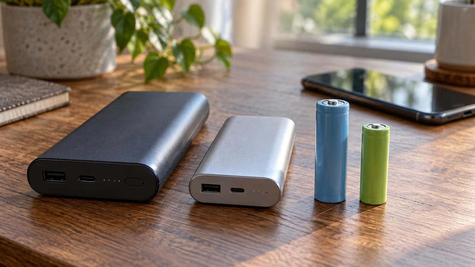 battery capacity units: Two power banks, two cylindrical batteries, and a phone sit on a wooden desk.