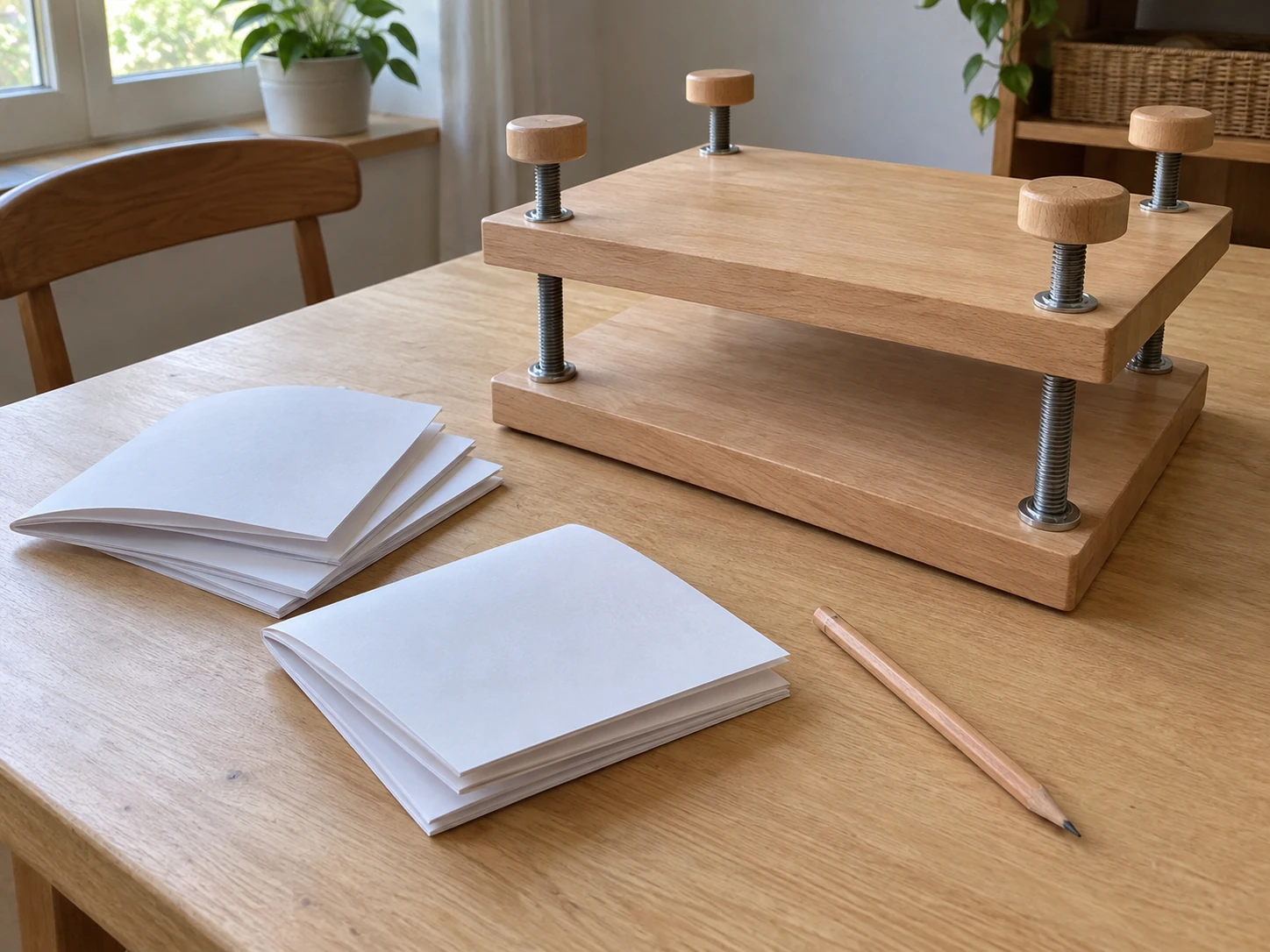 Bookbinding paper signatures concept with a generic whole wooden press and separate fresh folded paper sections resting on a table.