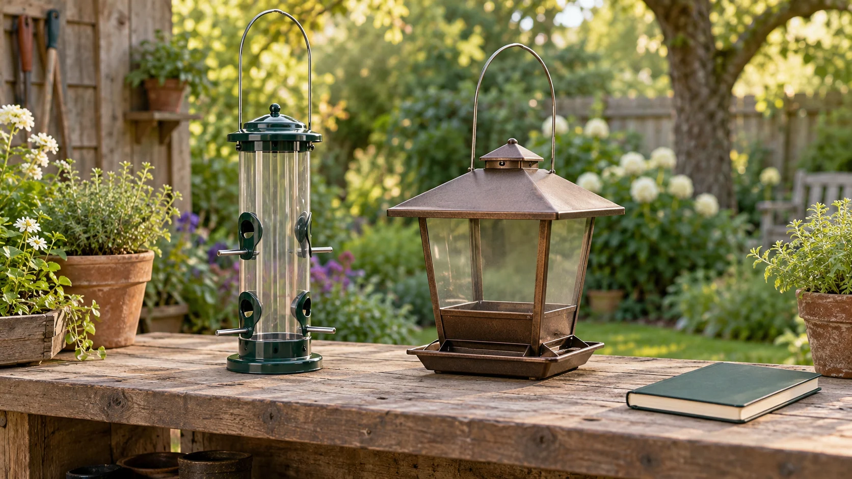 Backyard birdwatching with feeders illustrated by two whole generic empty feeders with complete hanging loops resting on a garden bench.