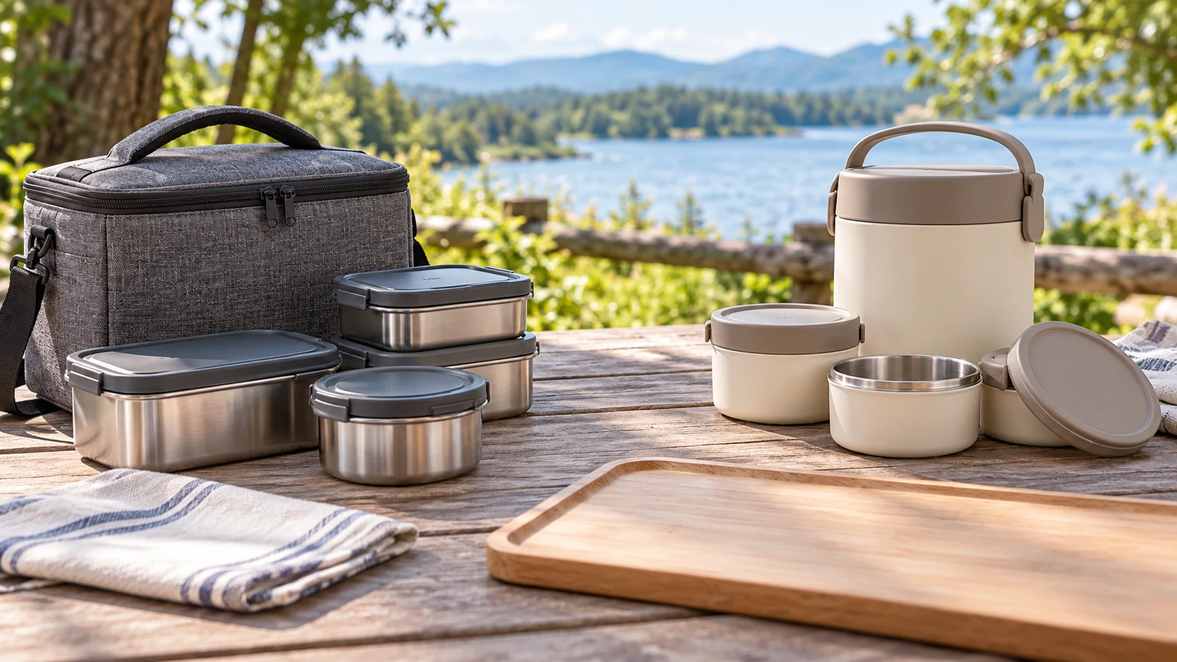 lunch outing packing setup with closed stainless containers and a carry case beside a compact round-container set on a picnic table