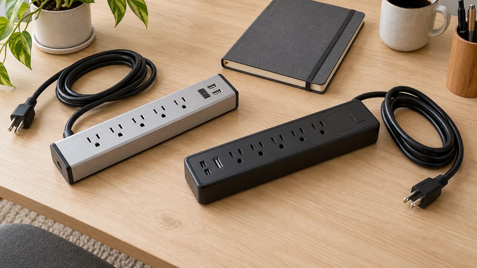 Surge protector joules concept with two complete generic disconnected power strips and their loose cords on a desk.