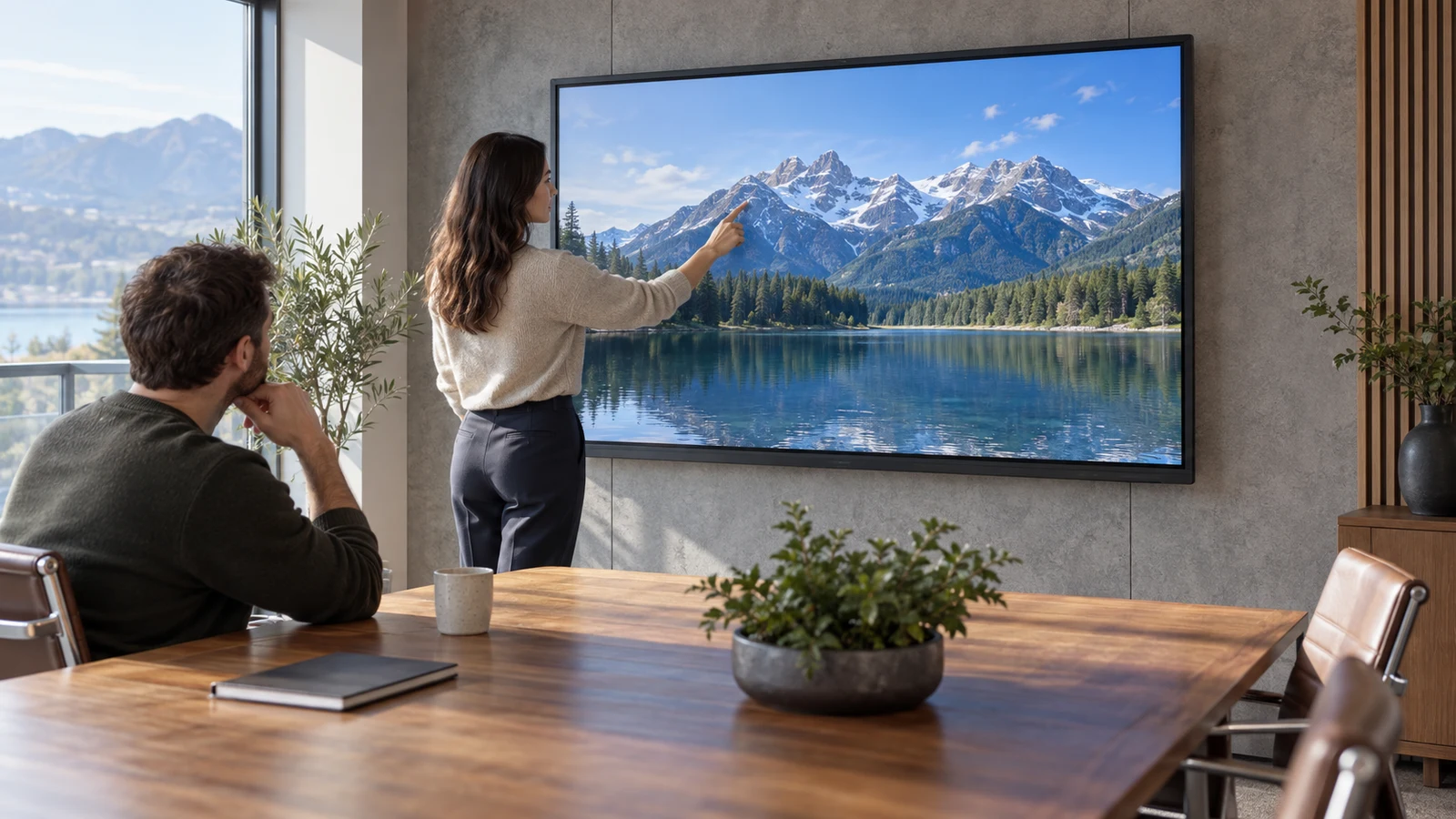 JYXOIHUB 55-inch interactive display: A woman points at a mountain image on a wall-mounted screen beside a man seated at a wooden table.