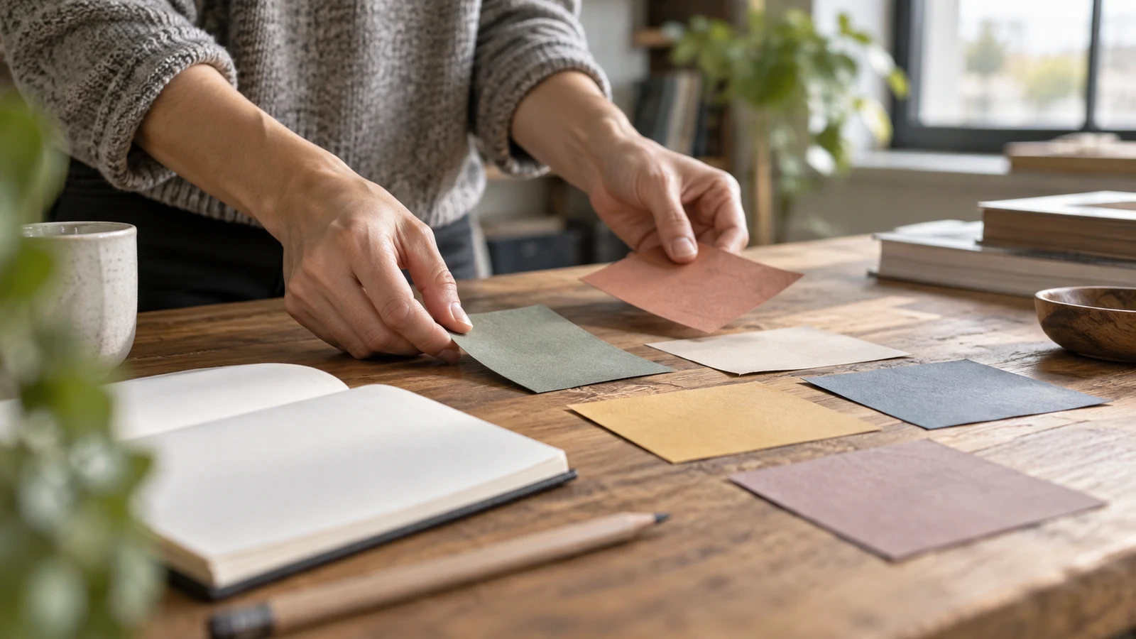bar chart planning: A person arranges colored paper swatches on a wooden table beside an open notebook.