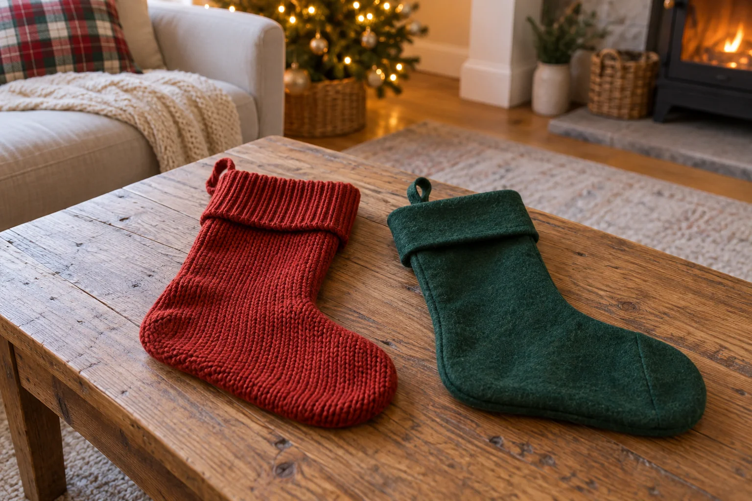 Christmas stocking gifts concept with two whole generic folded stockings on a wooden table.