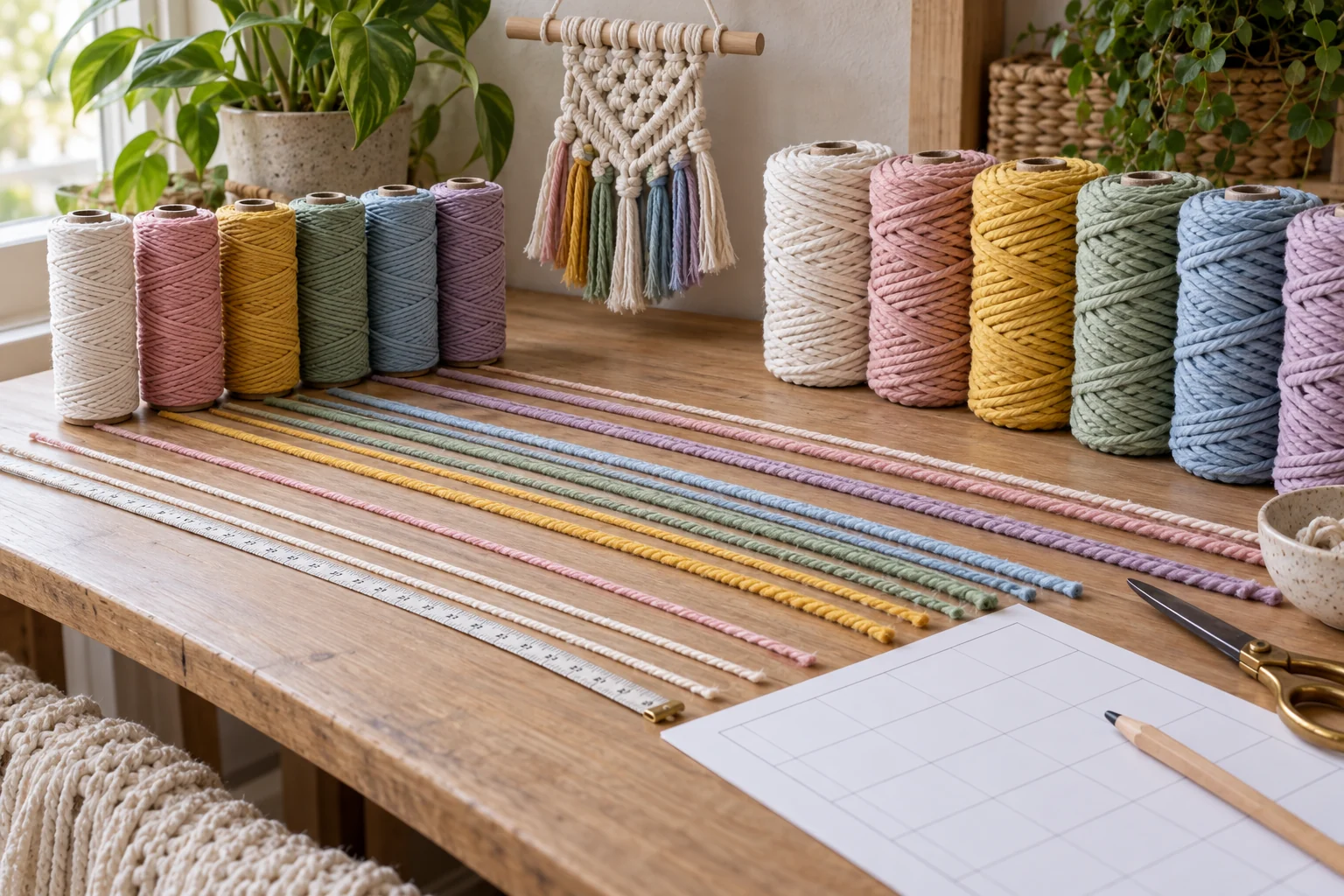 A macrame cord shortage planning table with slim and thick cord rolls, laid-out strands, a small knotted sample, measuring tape, and a blank grid.
