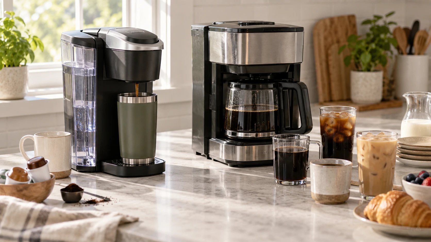 For hot and iced K-Cup single-serve coffee maker, consider cup sizes, iced modes, scheduling, tank refills, cleaning, and saved price.