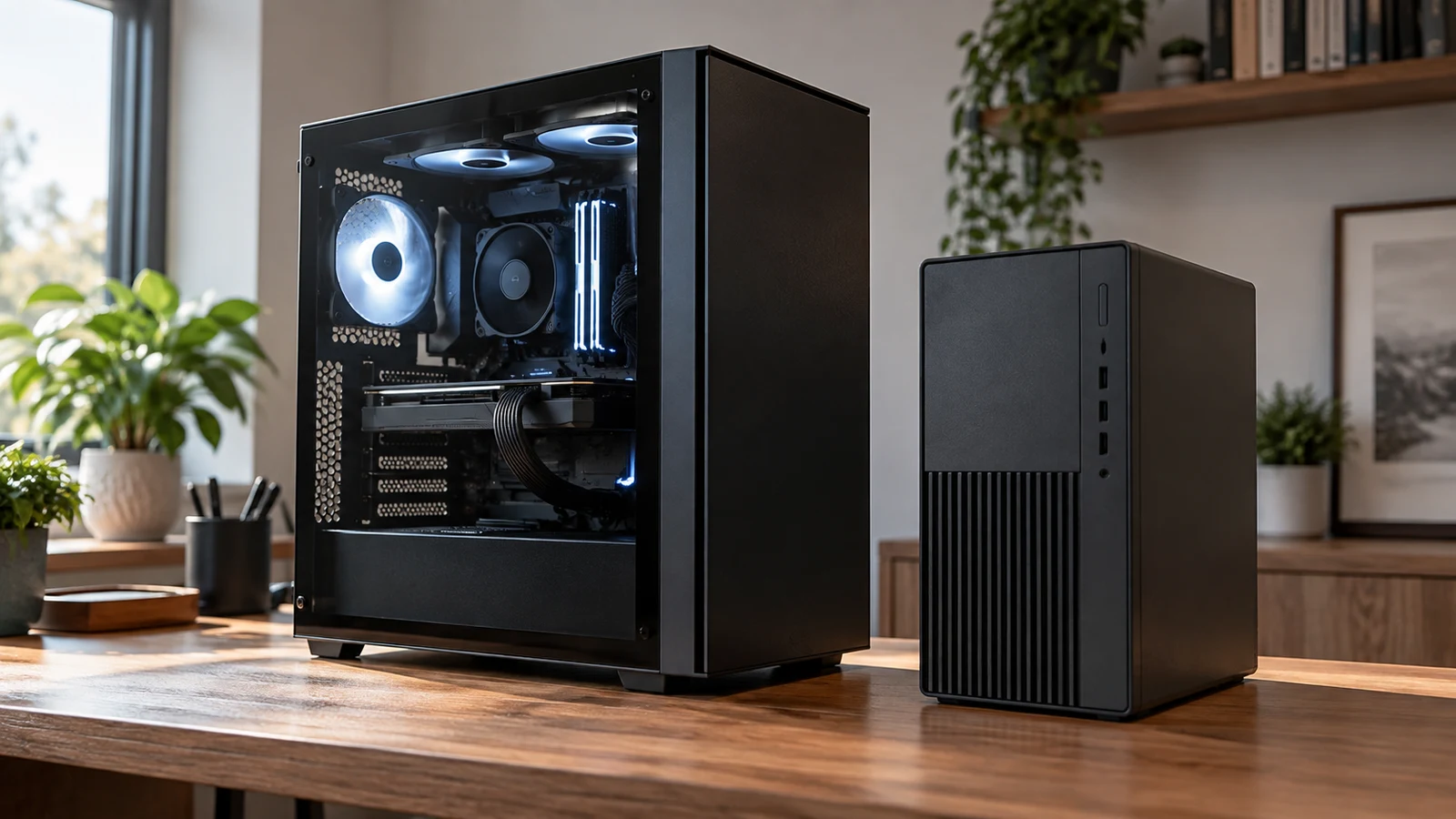 YEAH MAGIC Arcane Z1 gaming desktop: A glass-sided tower with illuminated fans and a smaller black desktop stand on a wooden desk.