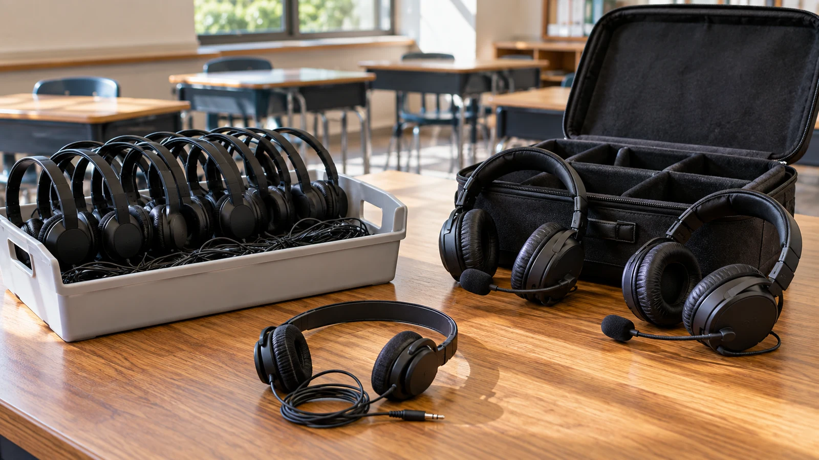 Copperline 200-pack: Wired headphones, microphone headsets, a storage tray and an open case sit on a classroom table.