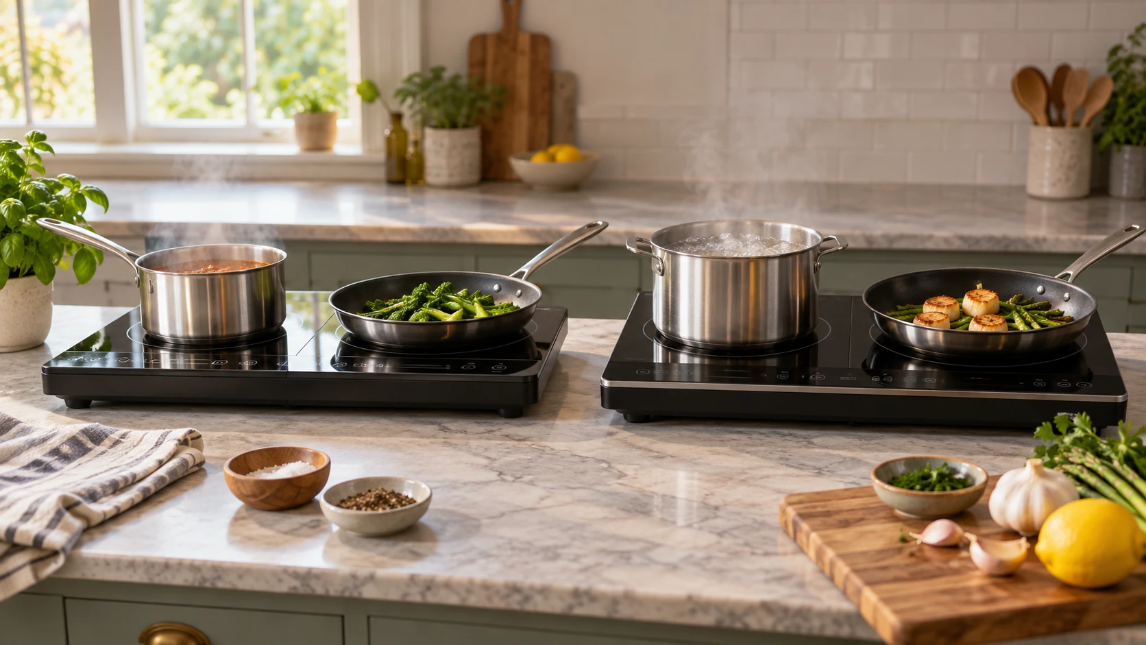 Choosing Cuisinart ICT-60P1 vs Duxtop BT-350DZ double induction cooktop means weighing two-pan cooking, power, controls and cookware.