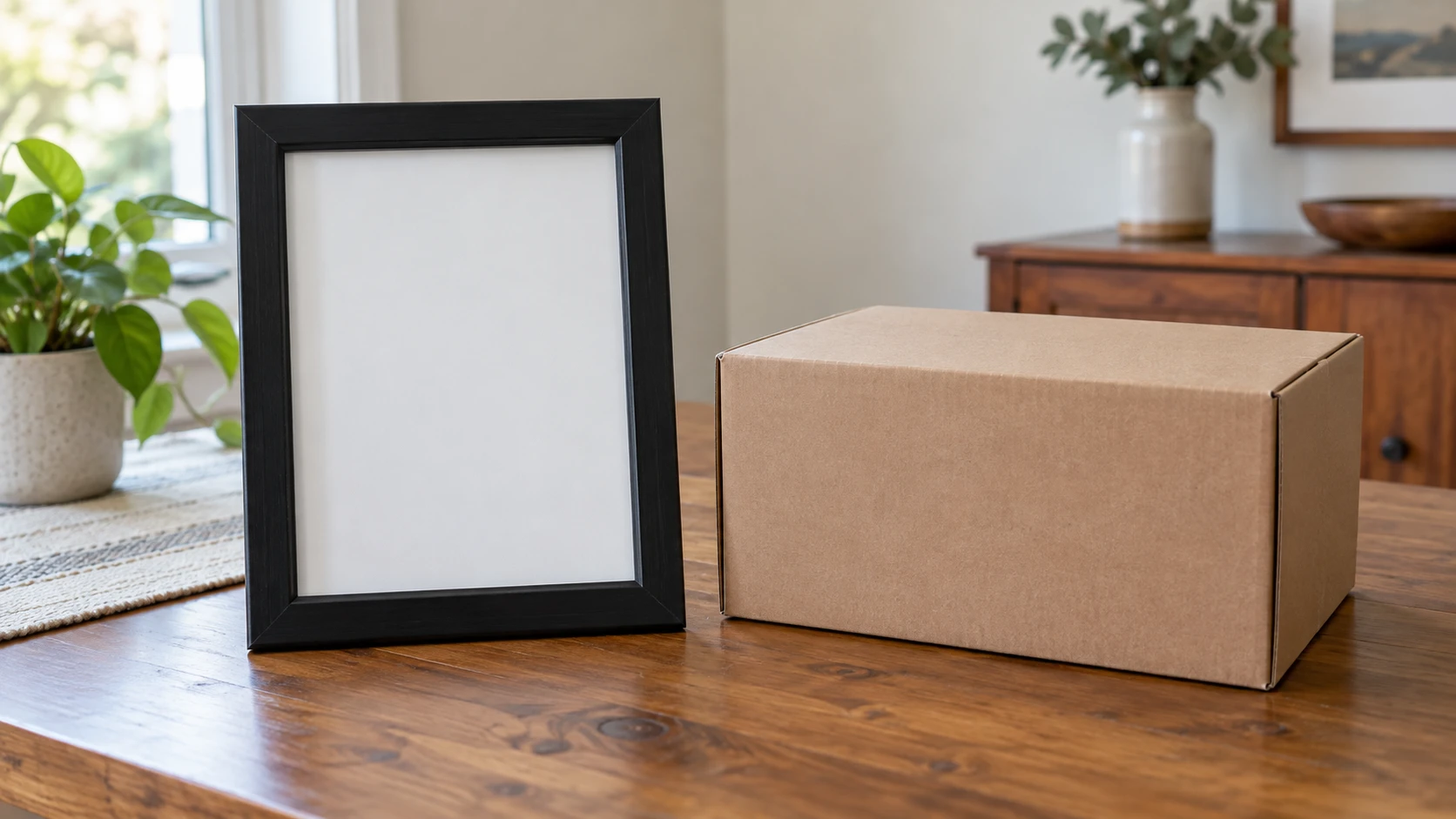 Picture frame return costs concept with a whole generic empty black frame and a whole unmarked closed delivery box on a table.