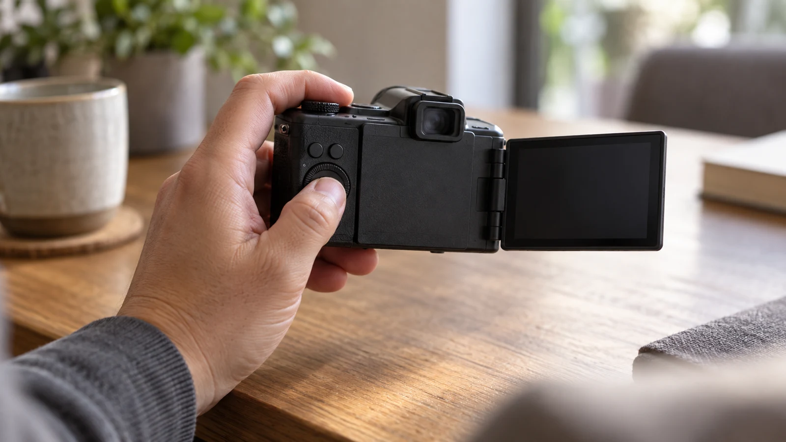 Sony ZV-1 II left-handed operation checks: A left hand holds an unbranded black camera with an open screen above a wooden table.