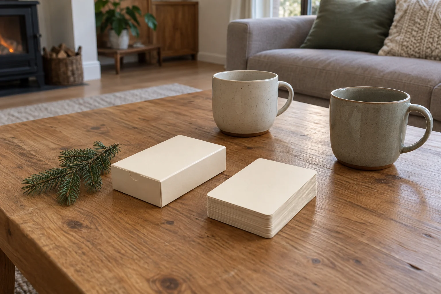 Holiday Concentration card game concept with a whole plain card box, stacked unmarked cards, two ceramic cups and a fir sprig on a living-room table.