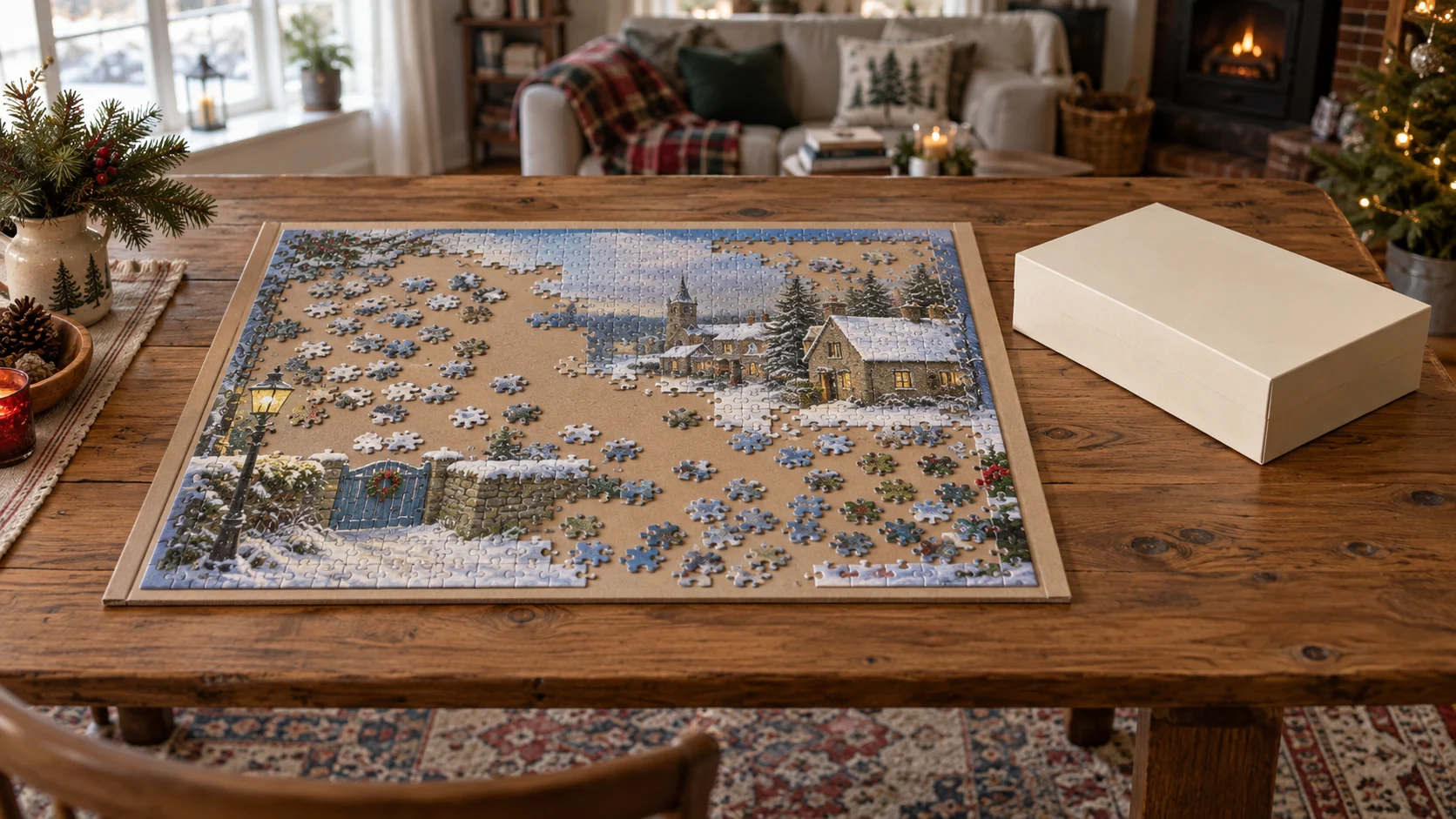 Christmas jigsaw assembly shown conceptually with a whole generic winter puzzle workspace and a whole plain closed box on a wood table.