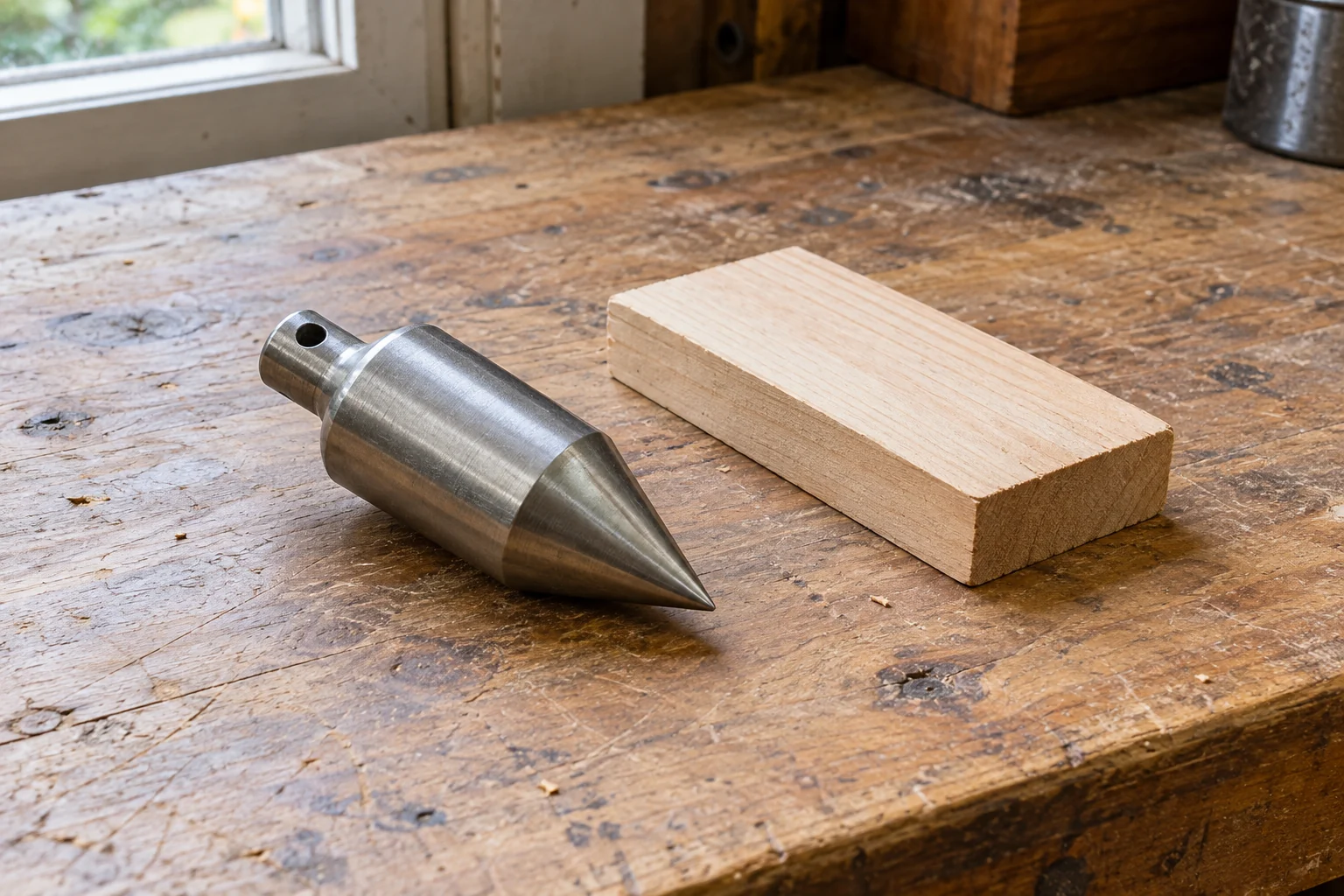 An ordinary home-workbench photograph for how to use a plumb bob, showing one whole metal bob resting beside blank practice scrap.
