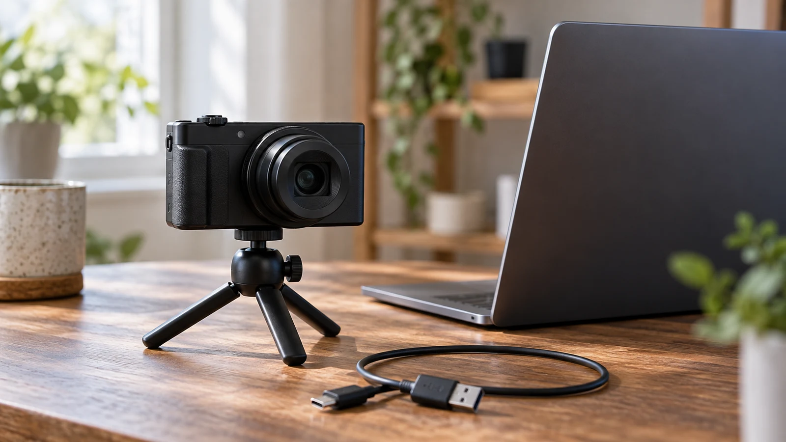 Sony ZV-1 II webcam compatibility: A compact camera on a tripod stands beside a laptop and loose cable on a wooden desk.