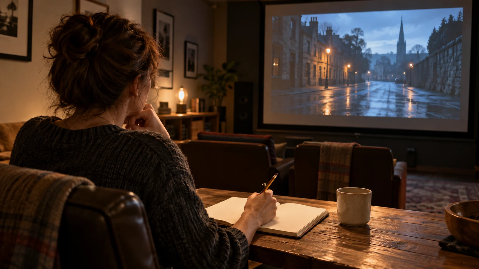 film discussion questions: A person faces a projected street scene while holding a pencil above an open notebook.