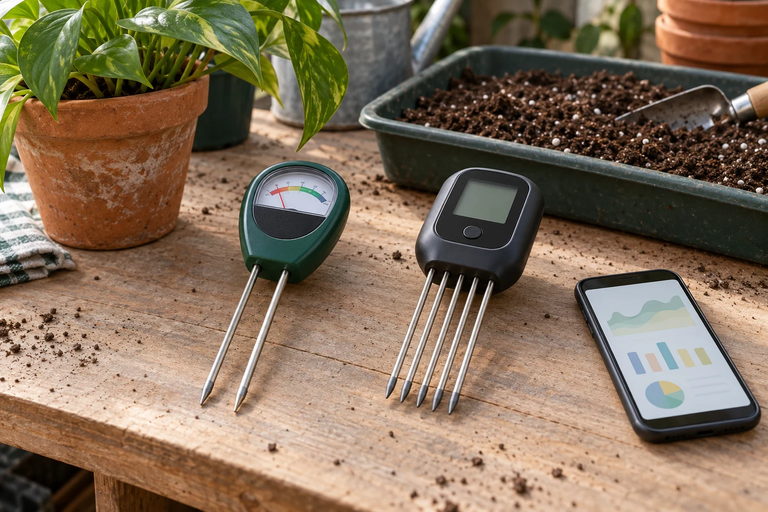 soil moisture meter choice illustrated by a simple dial probe and a connected soil sensor beside a plant and a phone with an abstract chart.
