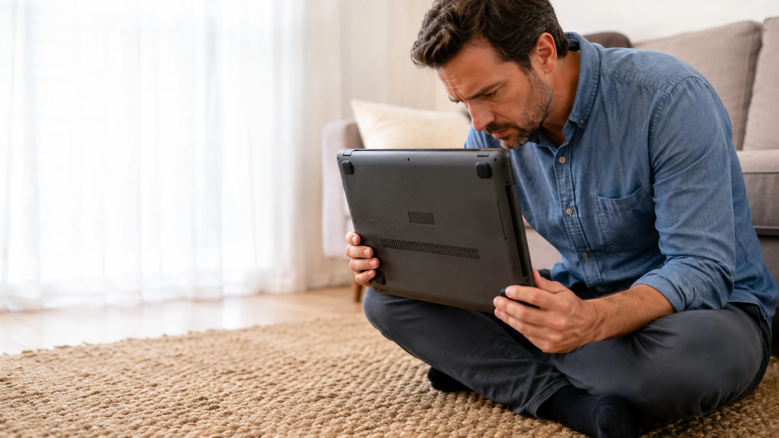 buy electronics with crypto: A person seated on a rug examines the underside of a closed laptop in a bright living room.