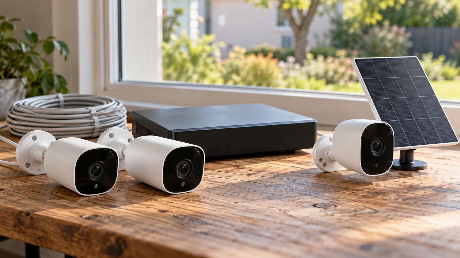 Five Star Camera wired 5MP NVR kit: Three white security cameras, coiled cable, a black recorder and a solar panel sit on a wooden table.