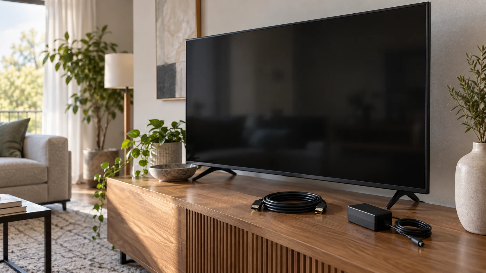 TV bundle accessories represented by a generic blank television, coiled signal cable and separate power accessory on a living-room console; not exact retail models or a compatibility or performance demonstration.