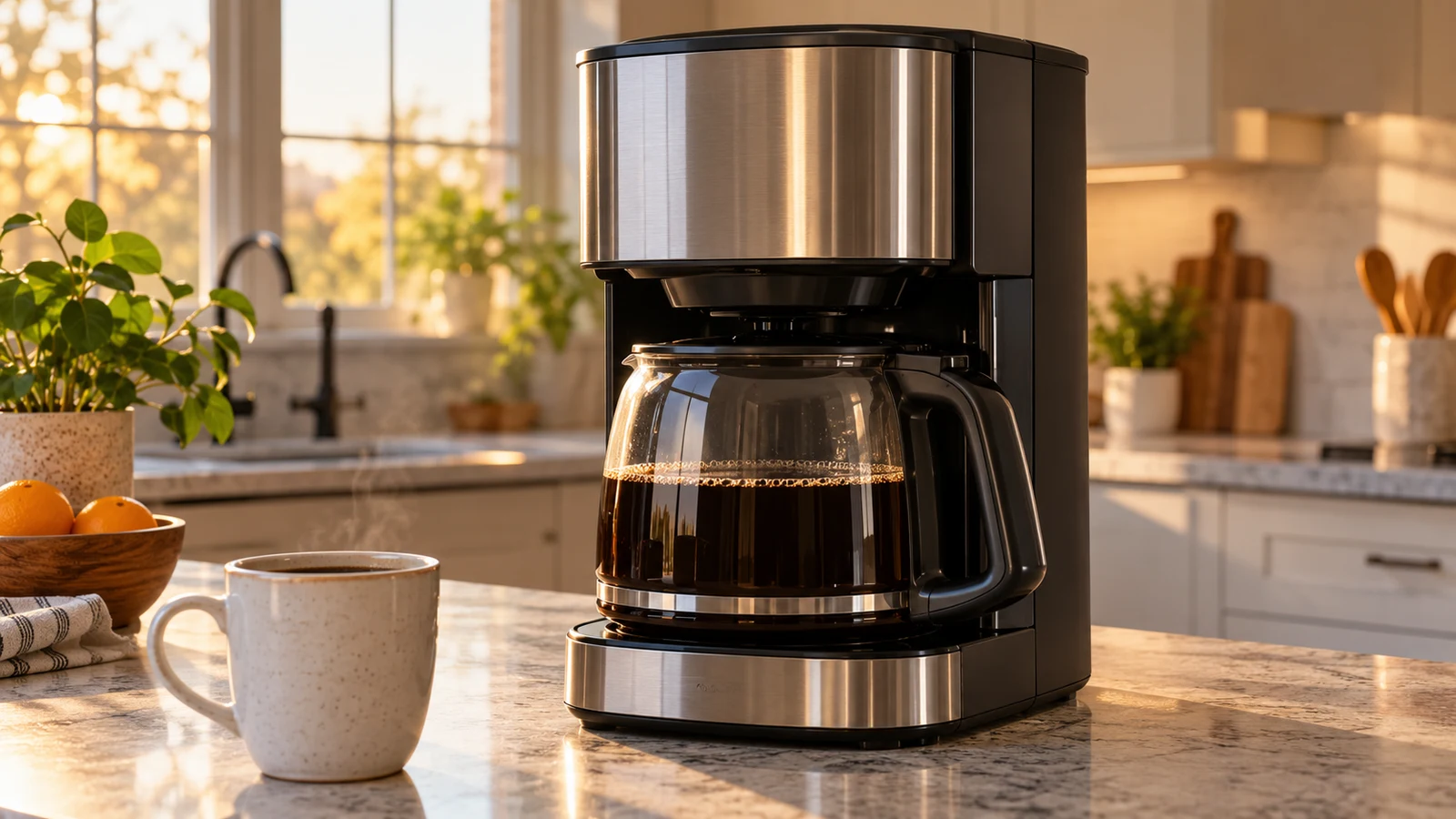 KRUPS coffee maker EC324050: An unbranded drip coffee maker, glass carafe, and ceramic mug sit on a sunlit kitchen counter.