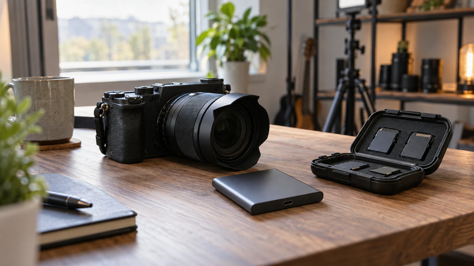 video recording storage: A camera, an external drive, and an open case of memory cards sit on a wooden desk.