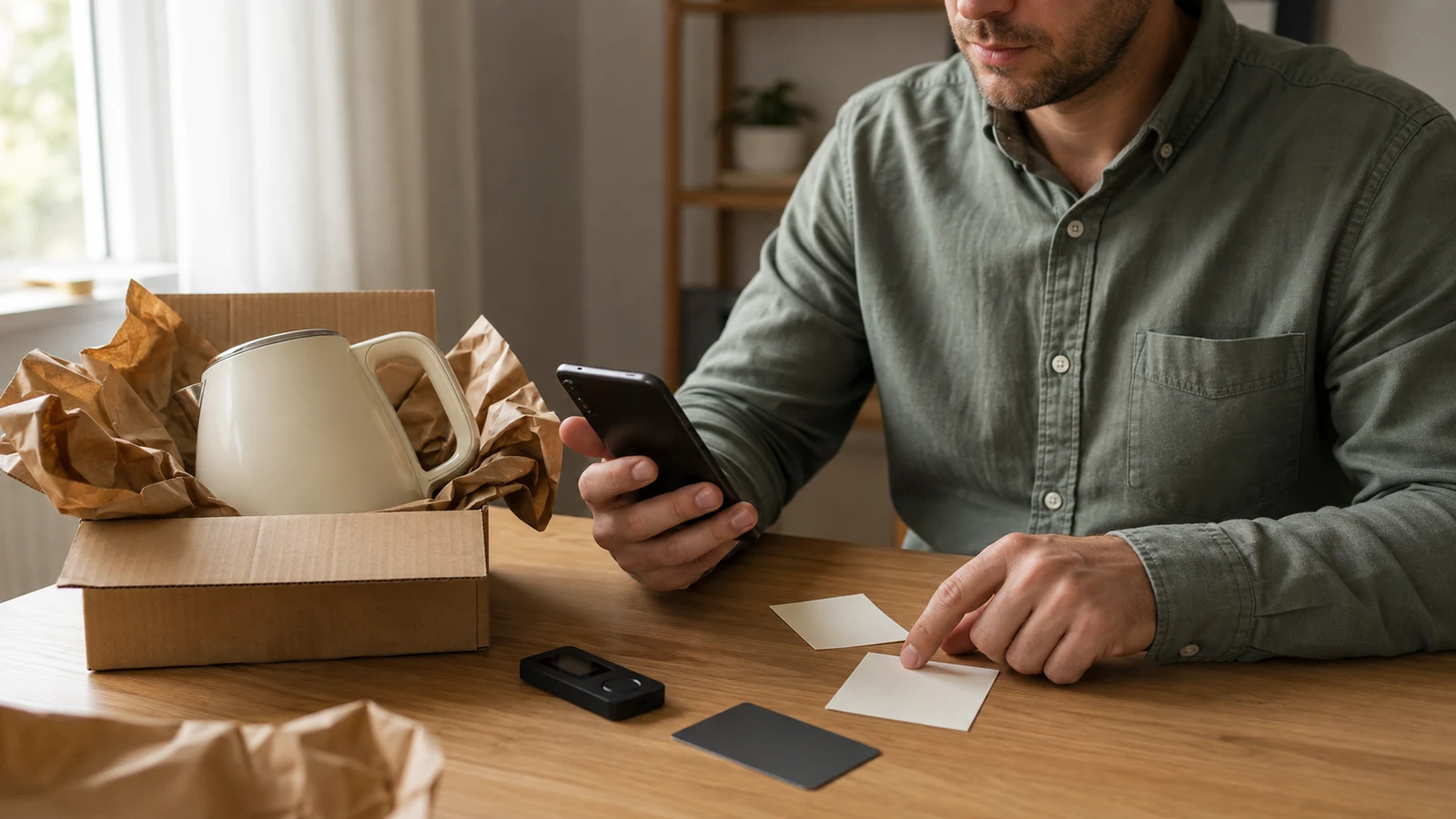 crypto price volatility at checkout: A person holds a phone beside note slips, a small device, a plain card, and a boxed kettle on a desk.