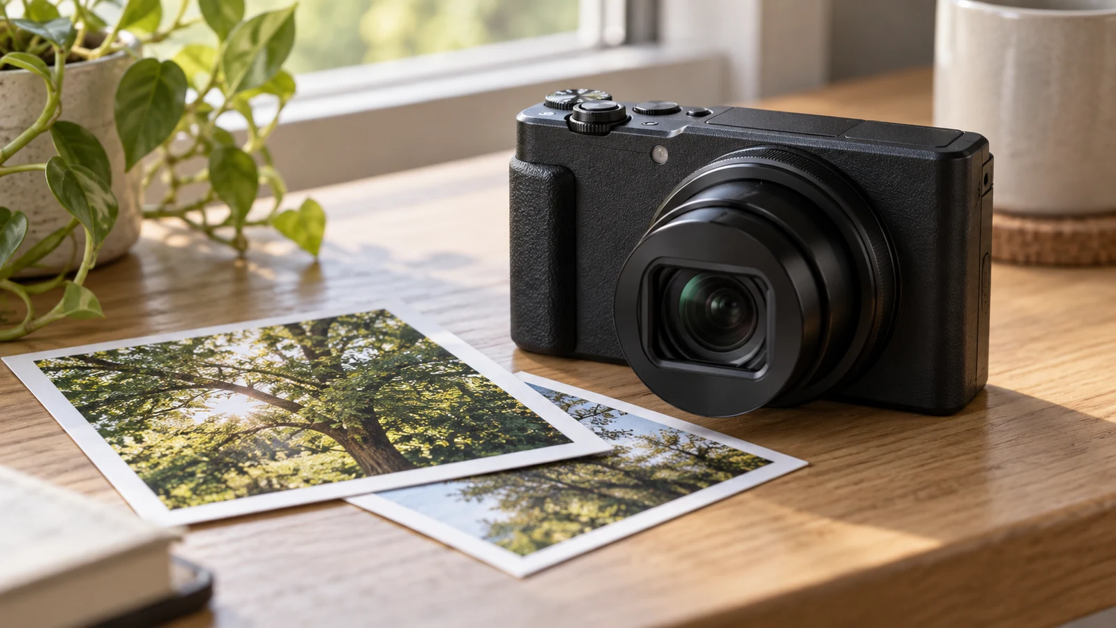 Sony ZV-1 II date imprint checks: A black compact camera sits beside tree photographs on a wooden desk.
