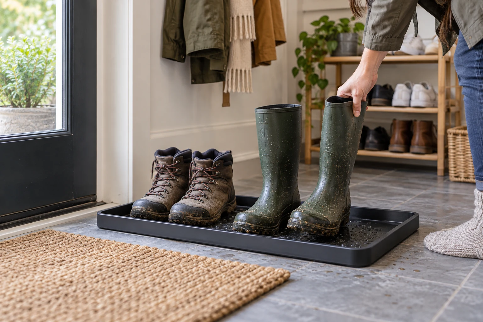 How to set up a boot tray with a hand placing wet boots inside a shallow tray beside a clear entryway door.