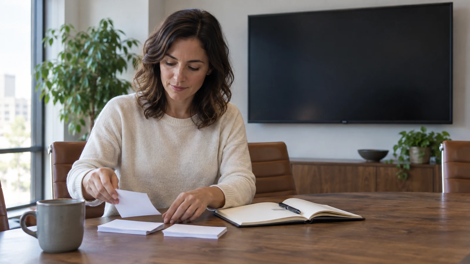 presentation fallback notes: A woman arranges paper cards beside an open notebook beneath a blank wall-mounted screen.