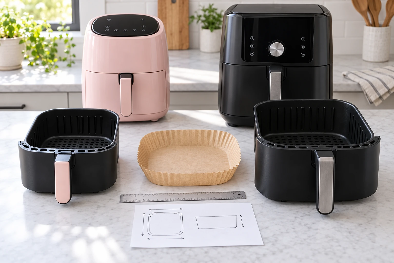 air fryer liner fit check with two drawer-style fryer baskets, a ruler and a candidate liner measured beside each basket.