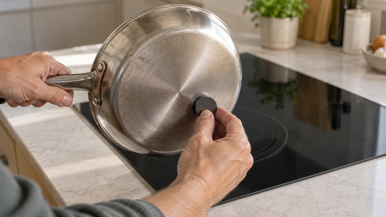 induction cookware compatibility: Hands hold a metal frying pan and press a dark disk against its underside above a black cooktop.