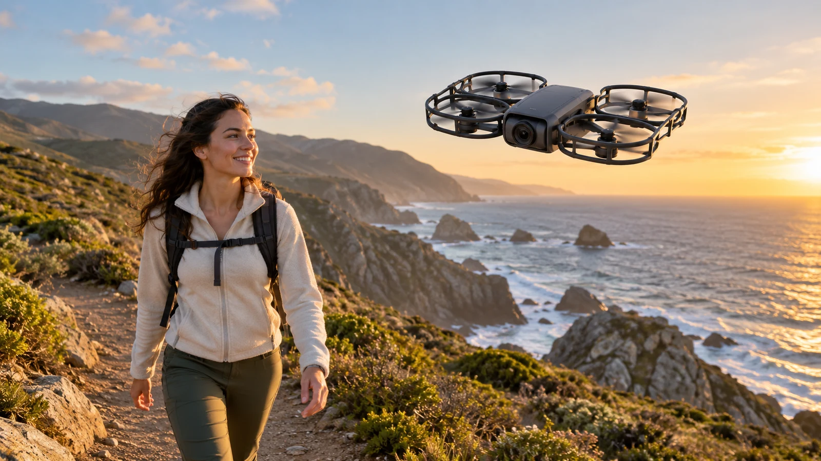 HOVERAir X1 drone: A woman walks beside a hovering camera drone on a coastal trail.