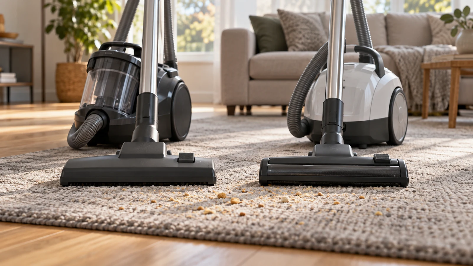 compare vacuum suction claims: Two vacuum cleaners stand beside scattered crumbs on a living room rug.