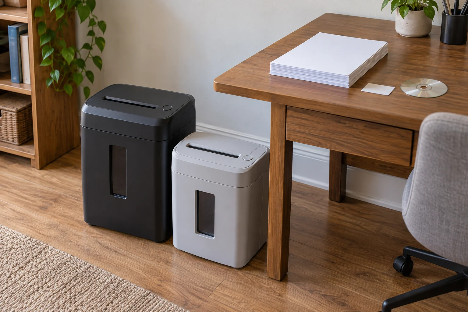 Sorting a mixed shredding pile concept with two complete generic inactive shredders beside separate blank paper, a plain card and an optical disc.