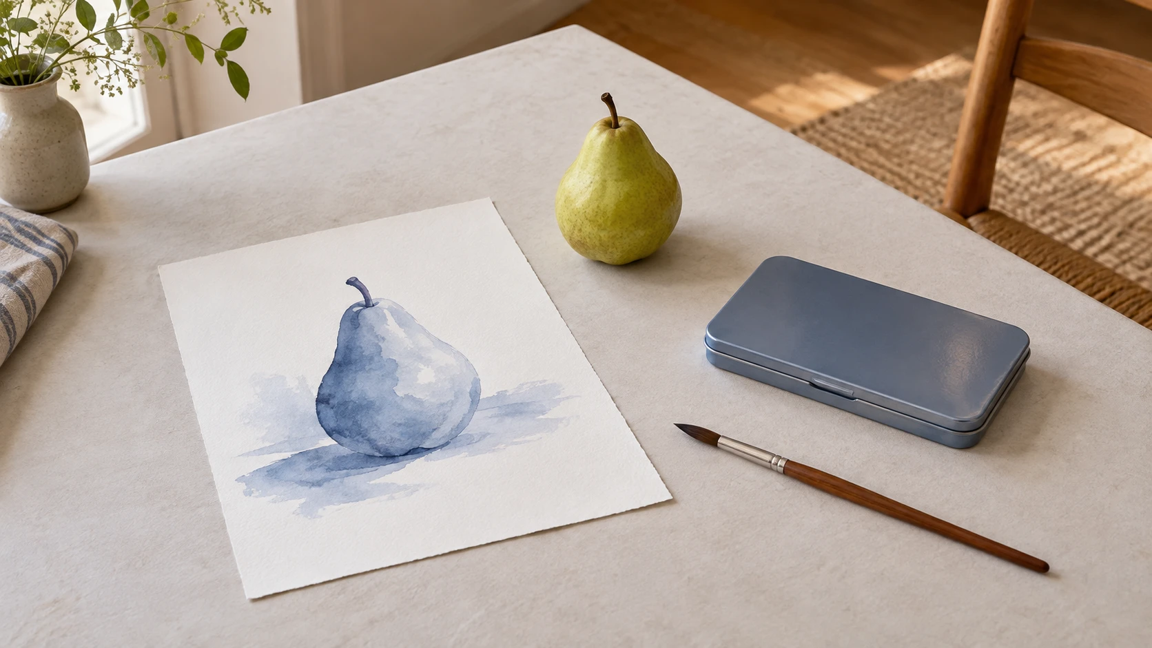 Watercolour still-life afternoon concept with a whole pear, a blue pear painting and complete generic inactive materials.