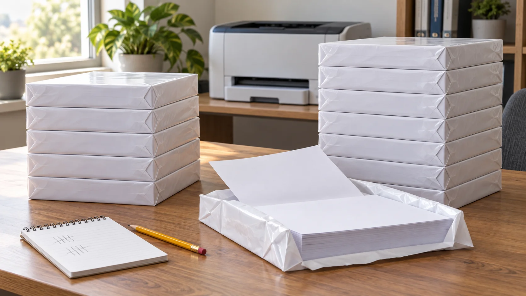 Copy paper cost per usable sheet illustrated by smaller and larger wrapped paper stacks, a printer, and a tally notebook.