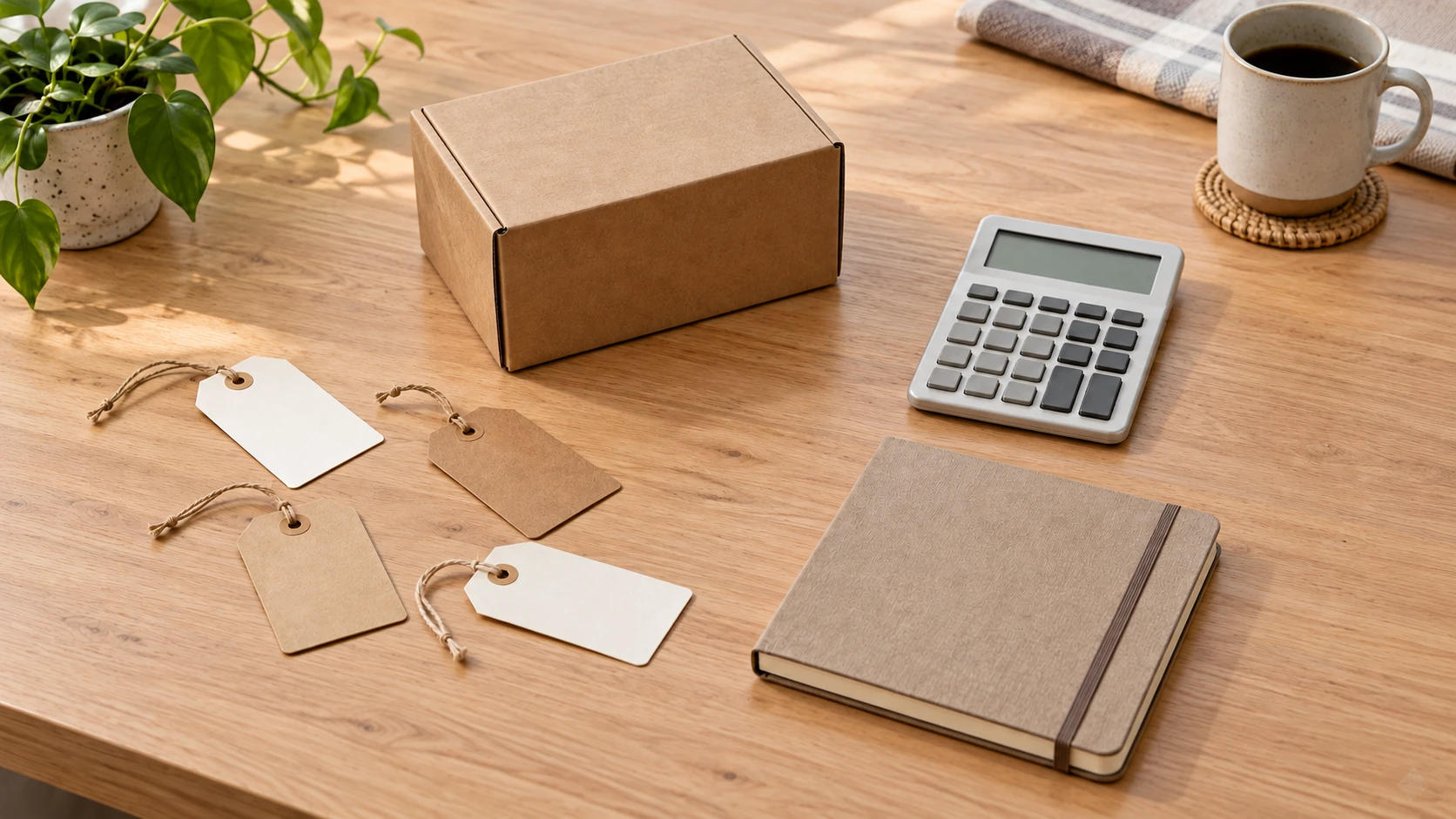 Free shipping threshold savings concept with a whole plain parcel, blank generic tags, a calculator and planning materials.