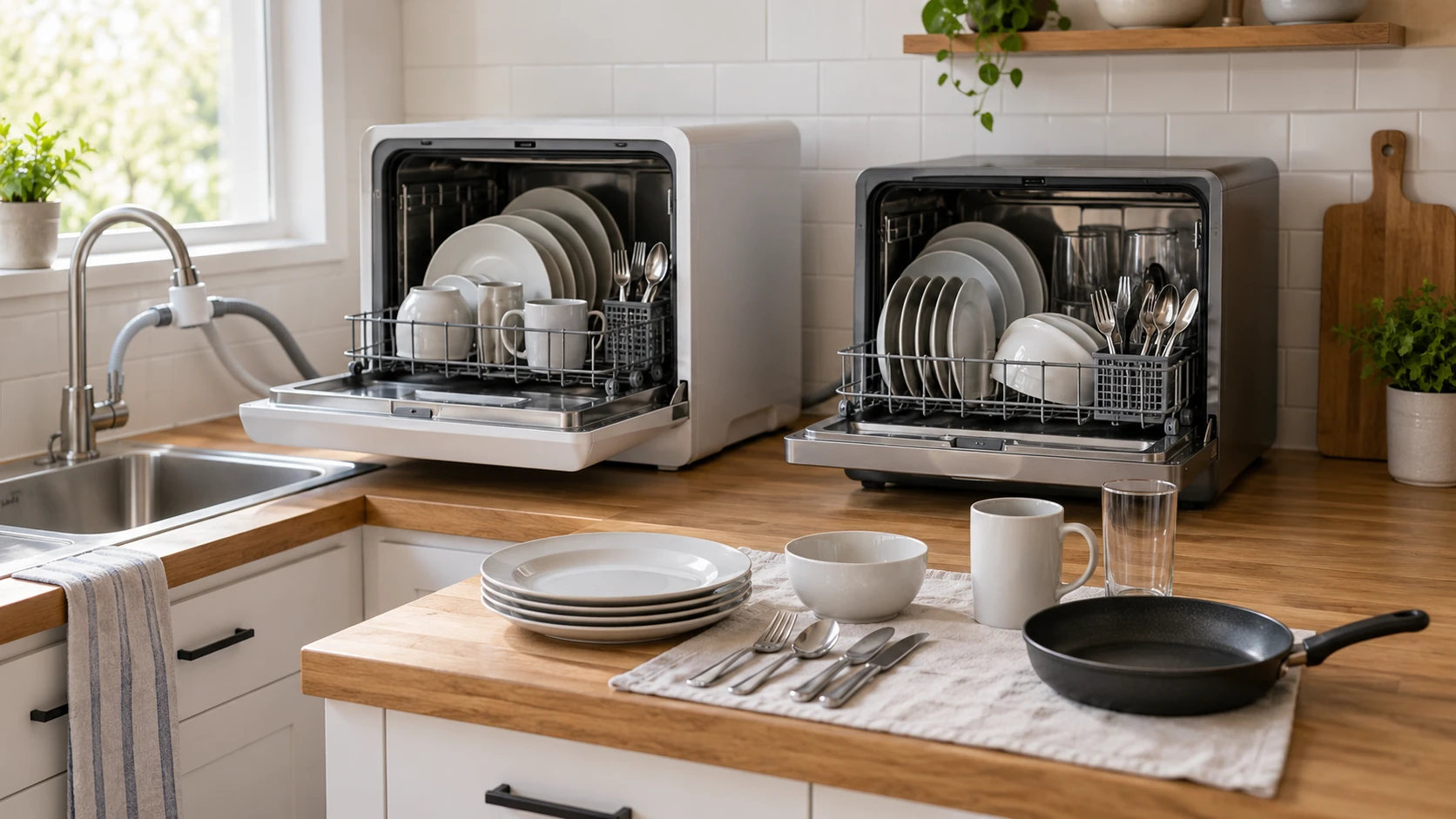 For Whynter six-place-setting countertop dishwasher, weigh loading capacity, water connection evidence, cycles, controls, and space requirements.