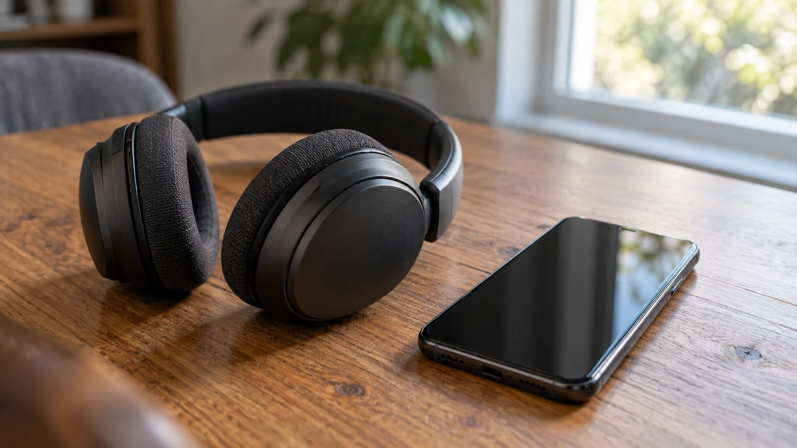 Bluetooth audio direction: Black over-ear headphones and a dark-screen phone rest on a wooden table beside a window.